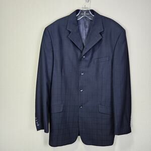 Italian Windowpane Overcoat Blazer Mens 40L Long Black Jacket Quiet Luxury Suit